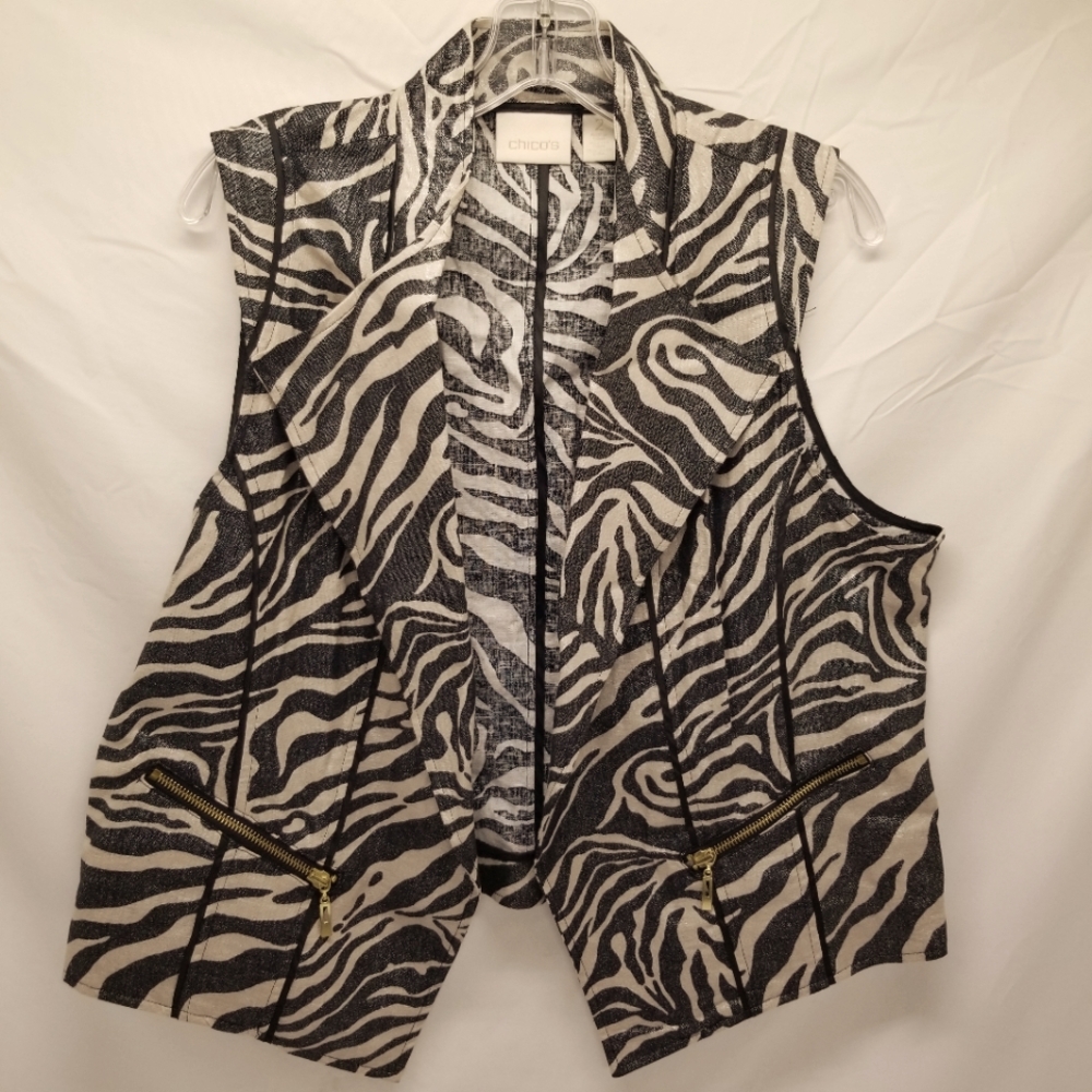 Chico's Womans Size 2 (L-12) Vest Foiled Zebra Print Tan Black 2 Zipper Pockets